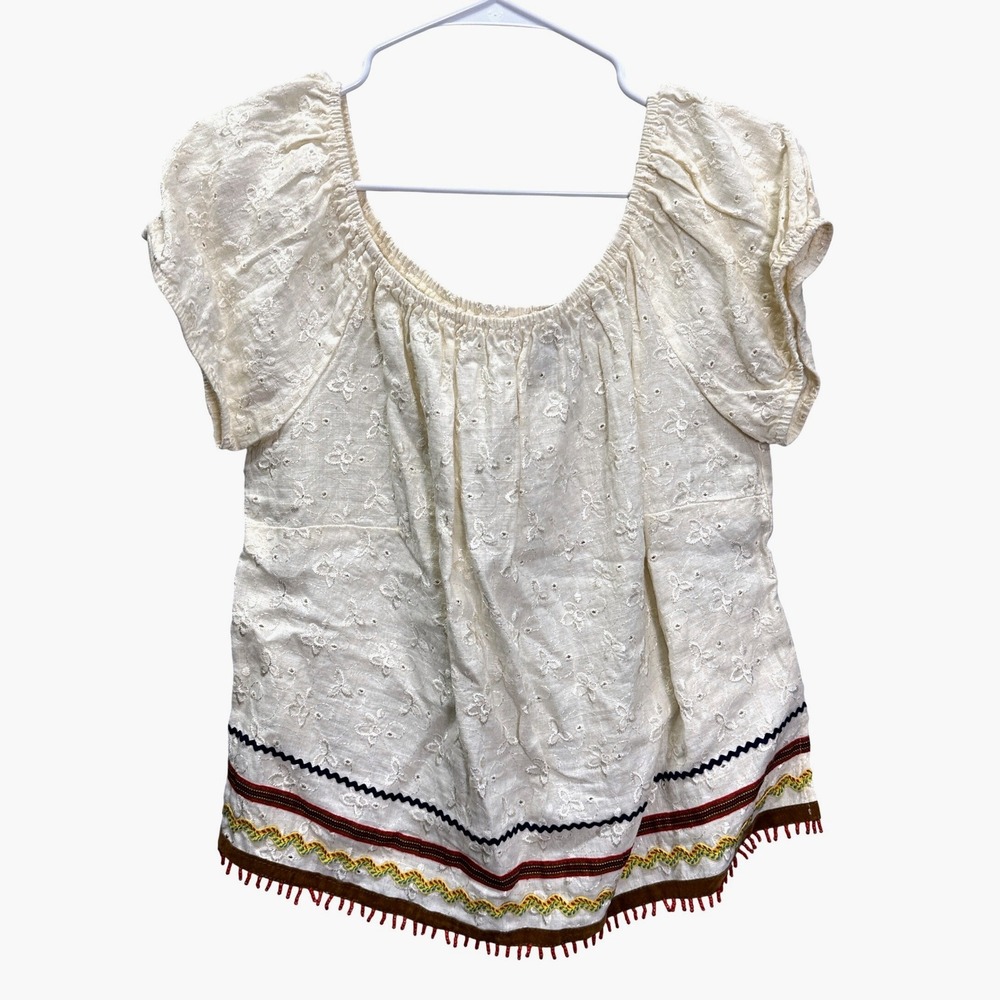F.L. Malik Linen Cream Embroidered Peasant Top Blouse Size L Made in USA